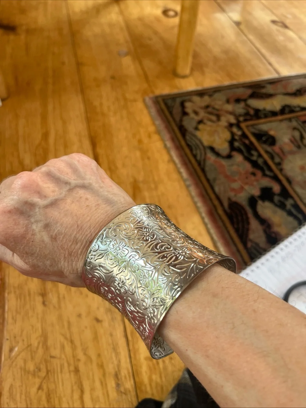 Engraved Floral Silver-Tone Cuff Bracelet